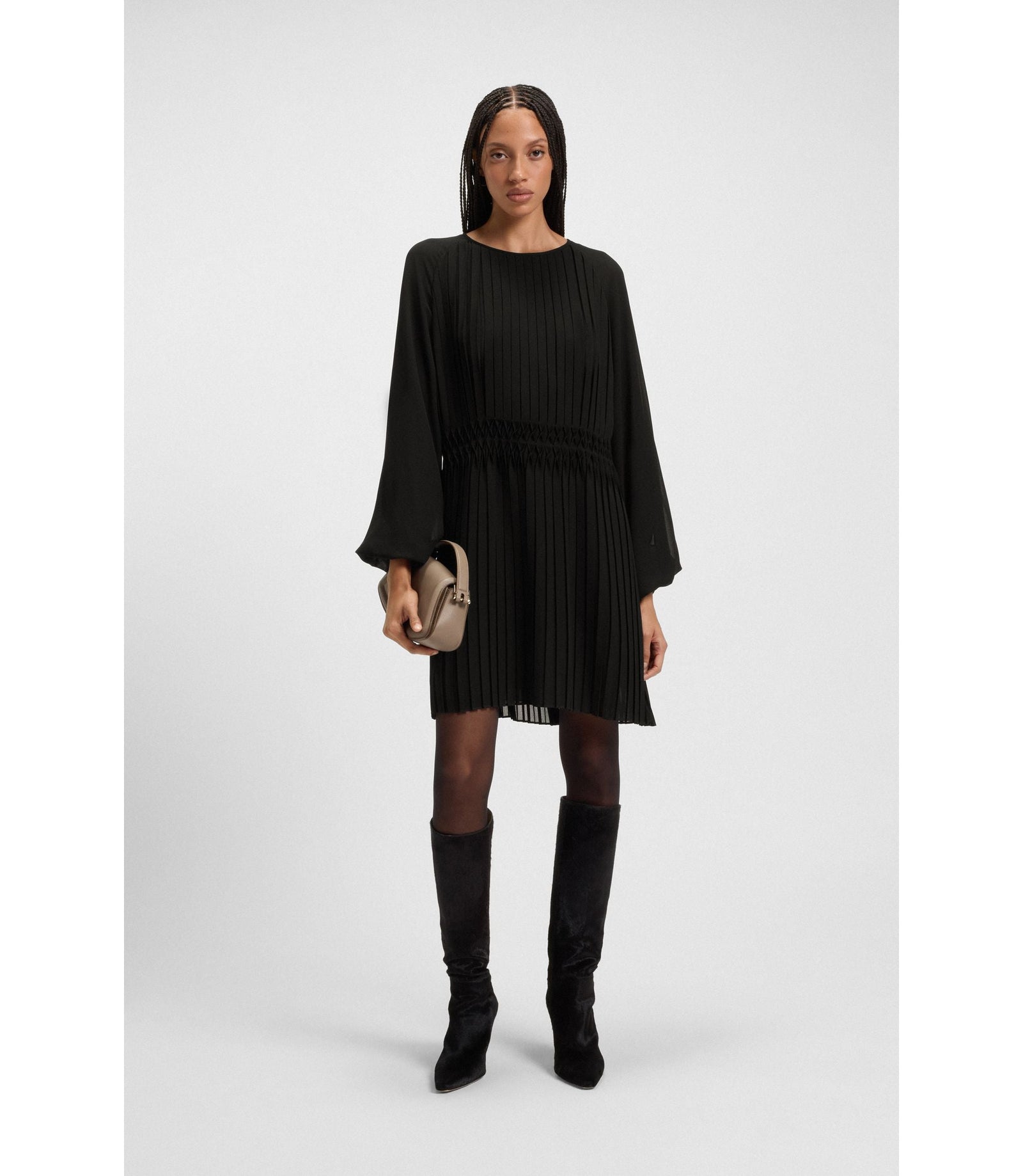 Boss Smocked Waistband Dress With Pliss Pleats Black Women's