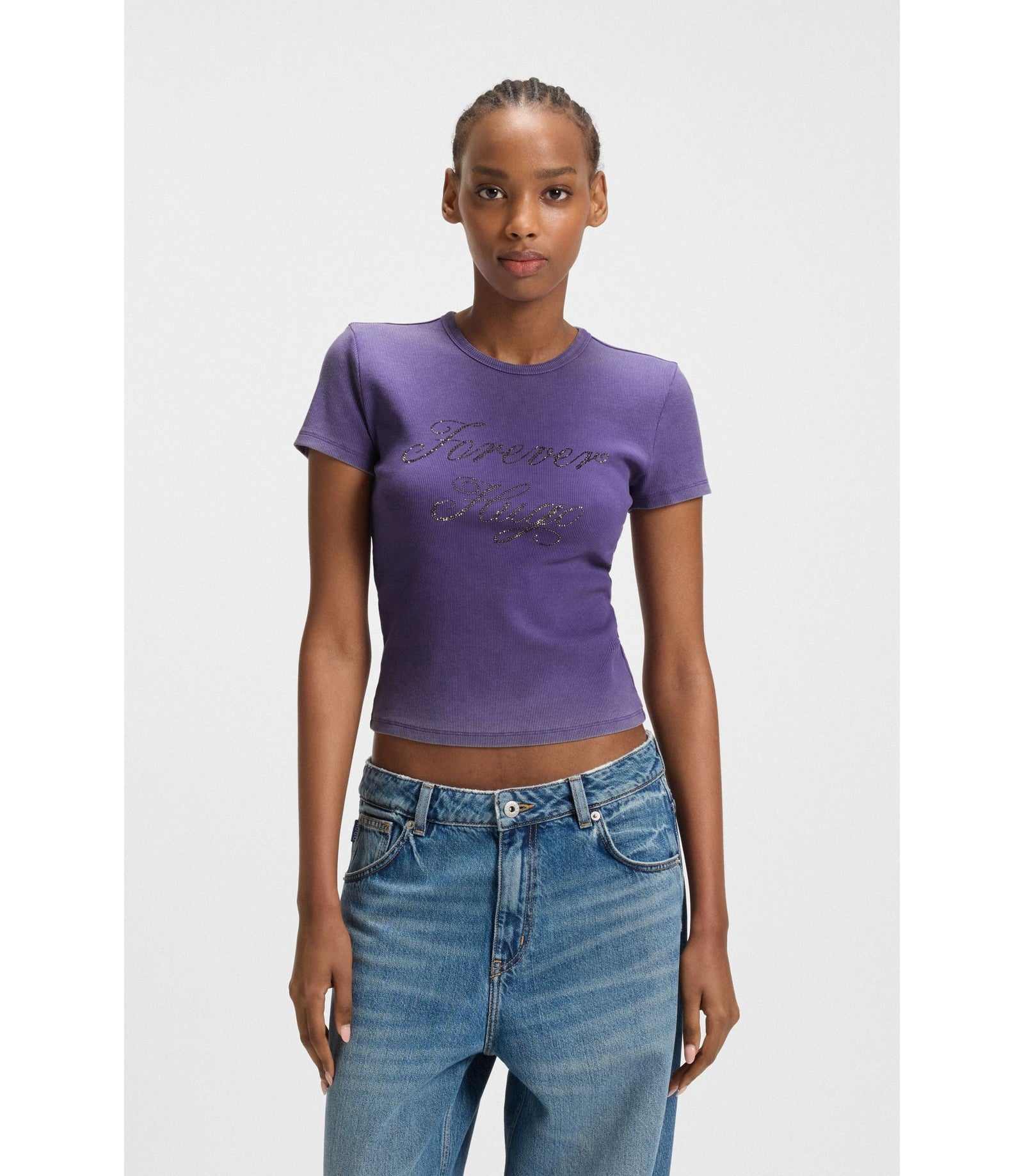 Hugo Rhinestone Logo Slim Fit T Shirt In Stretch Cotton Purple Women's