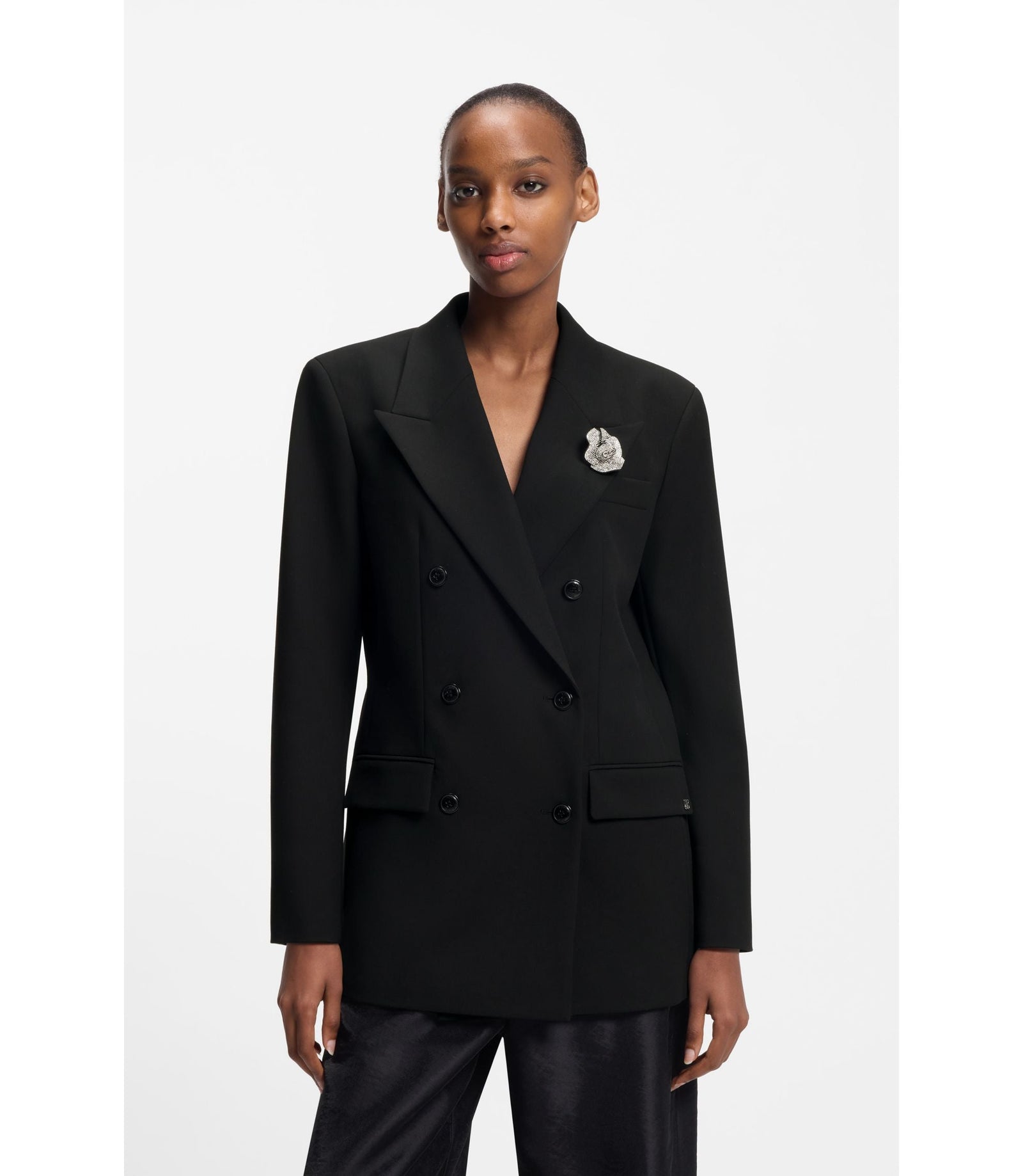 Hugo Oversized Fit Blazer With Rhinestone Lapel Brooch Black Women's