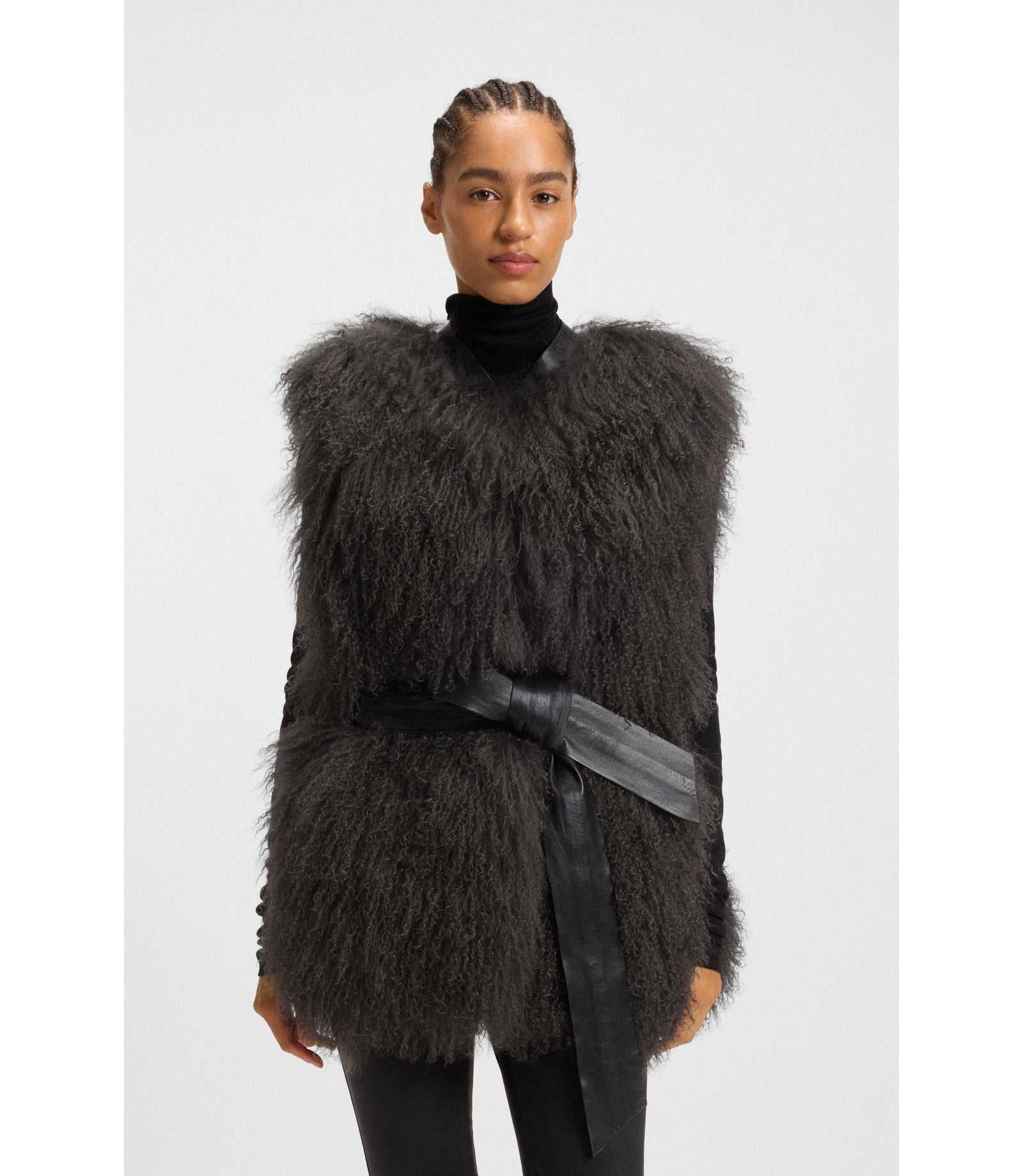 Boss Mongolian Shearling Gilet With Detachable Leather Belt Dark Grey Women's
