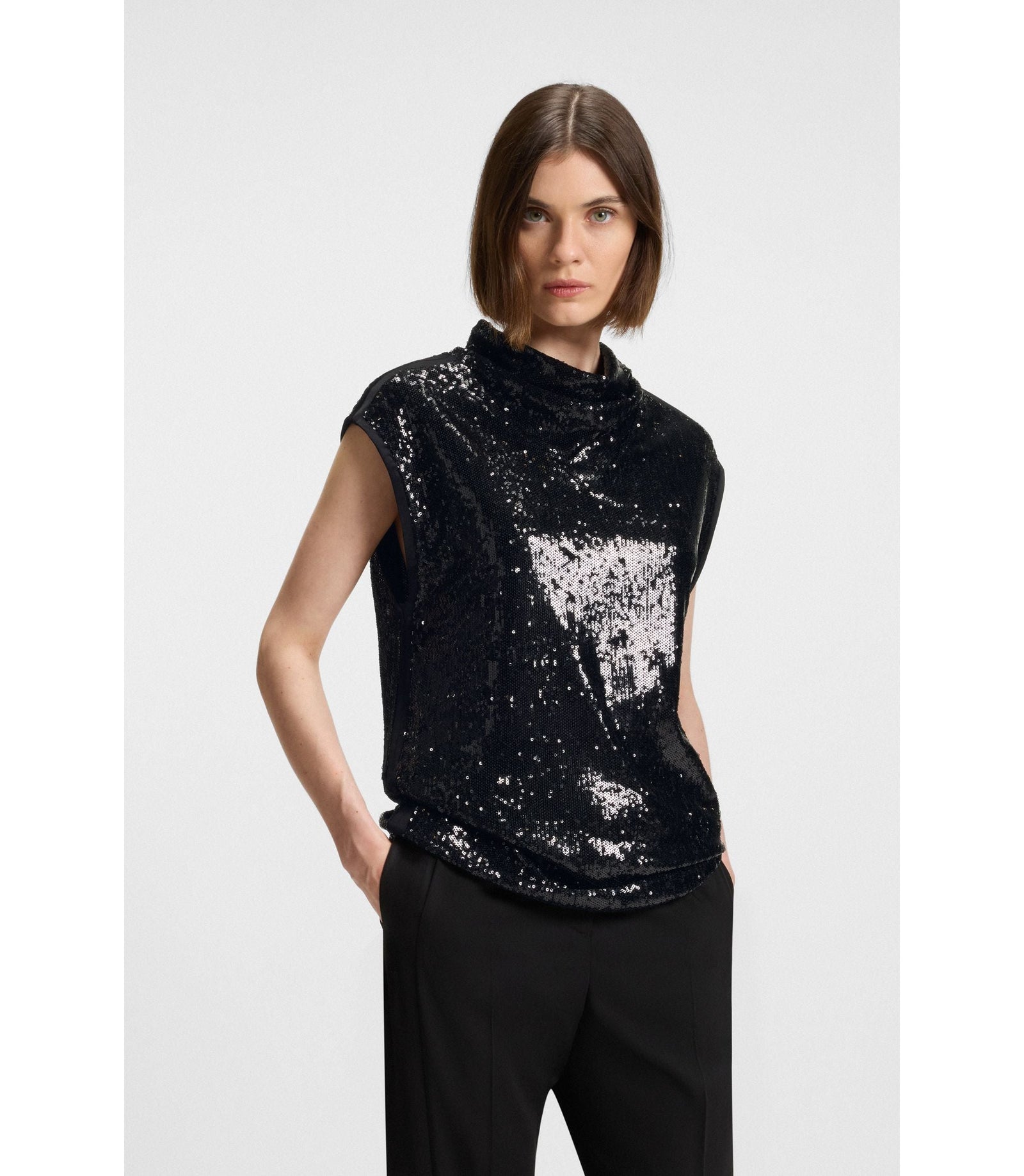 Boss Sequin Top With Draped Funnel Neckline Black Women's