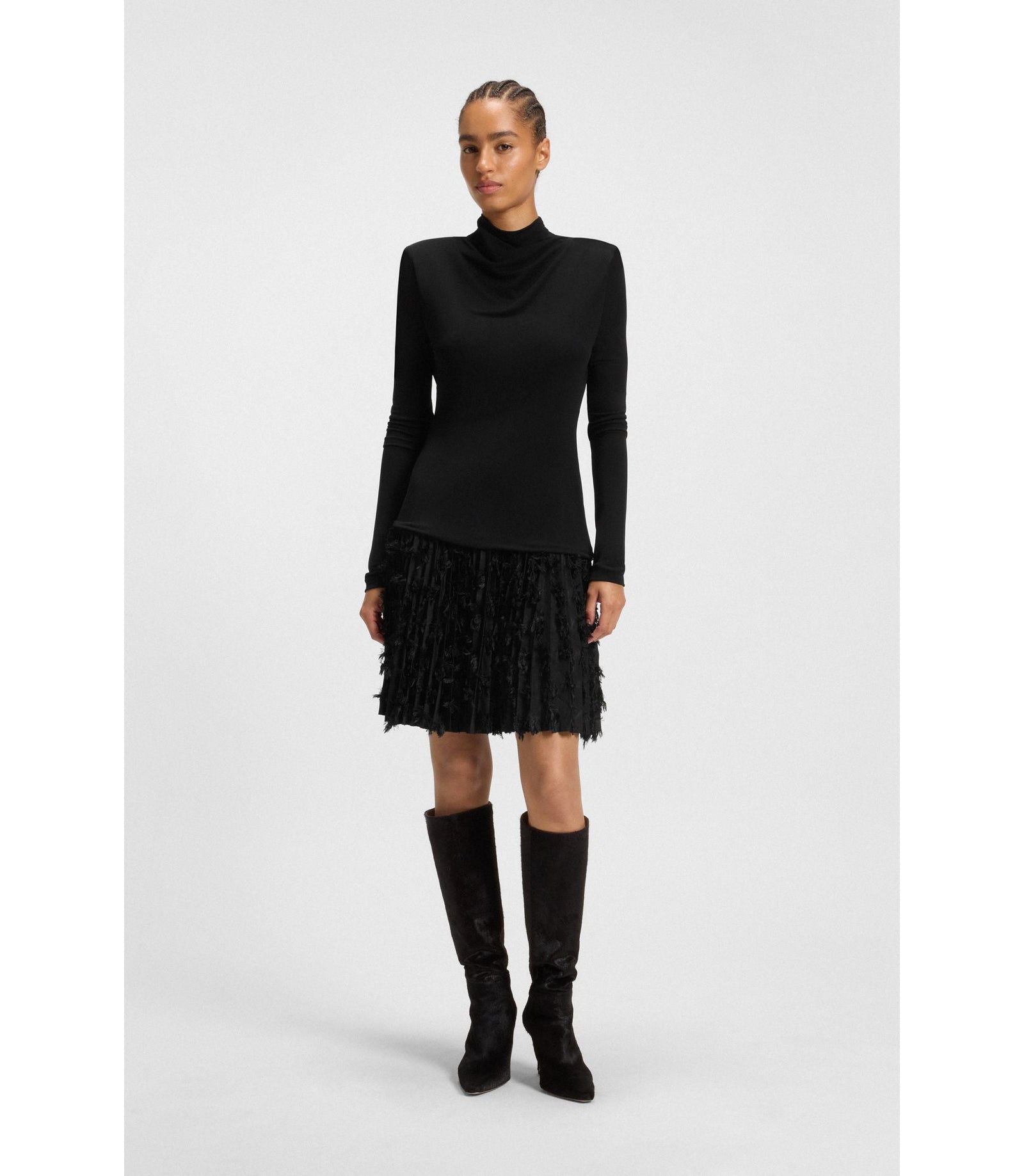 Boss Jersey Dress With Feathered Pliss Pleats Black Women's