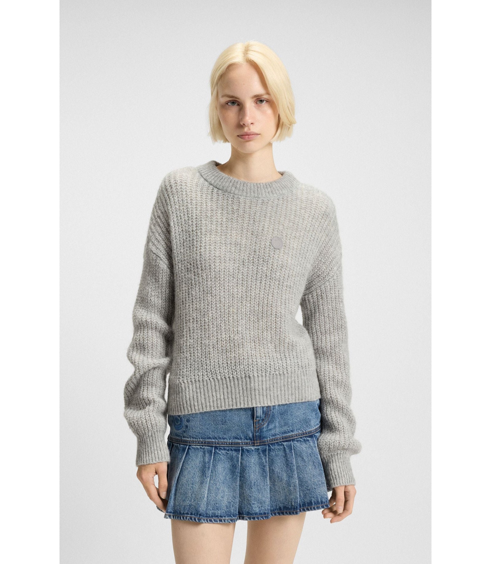 Hugo Knitted Sweater With Happy Hugo Badge Light Grey Women's