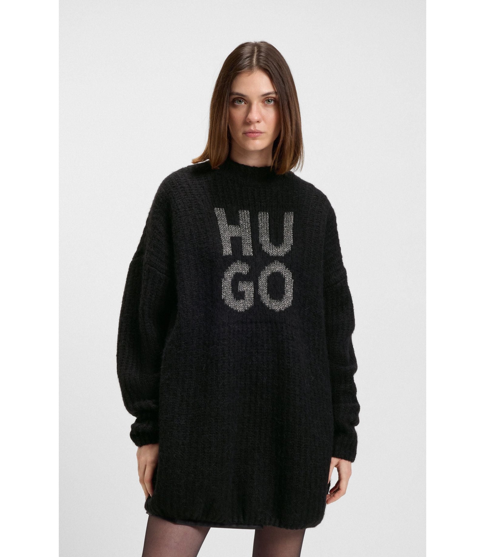 Hugo Knitted Sweater With Sparkling Stacked Logo Black Women's