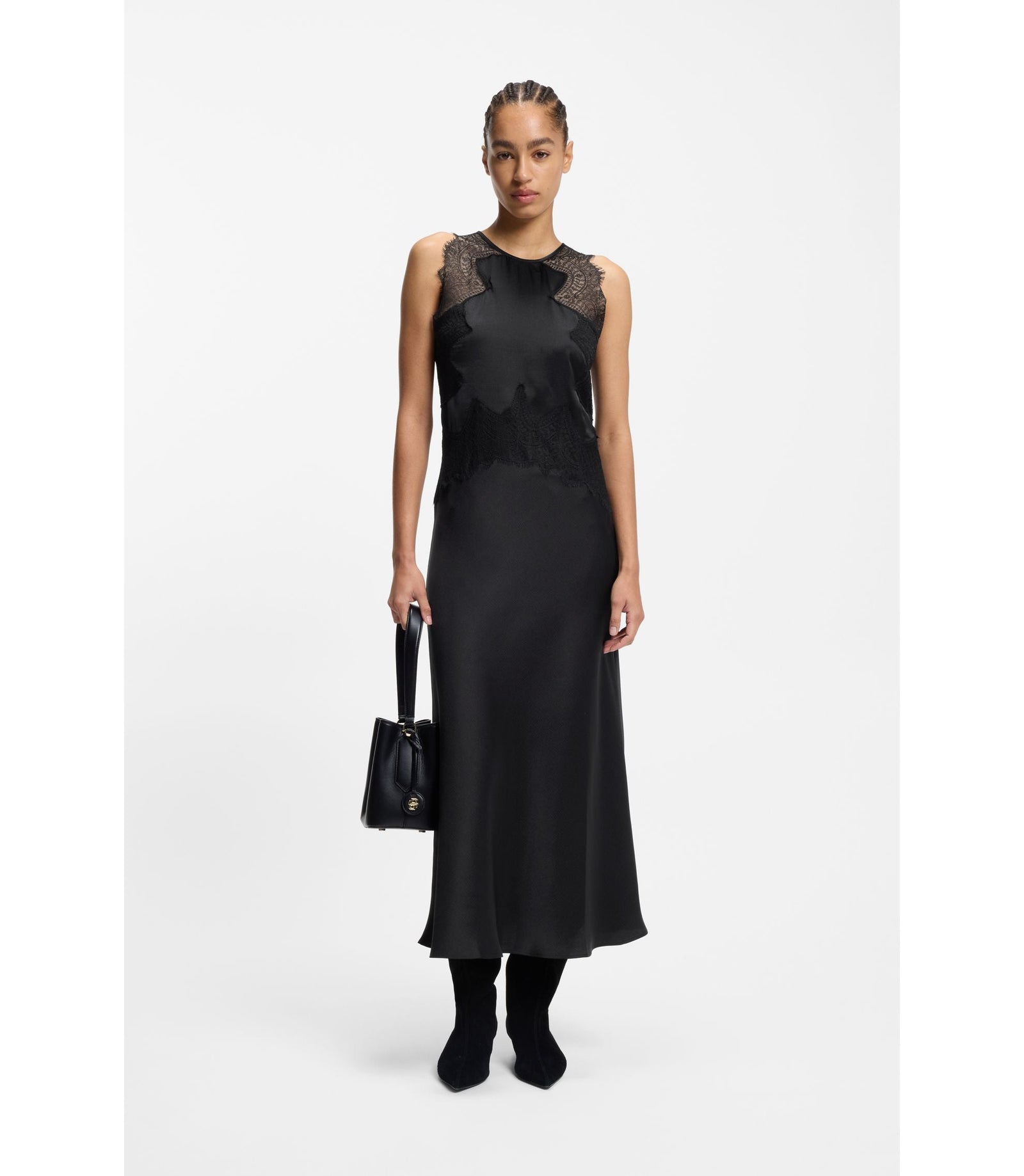 Boss Lace Trim Dress In Seersucker Satin Black Women's