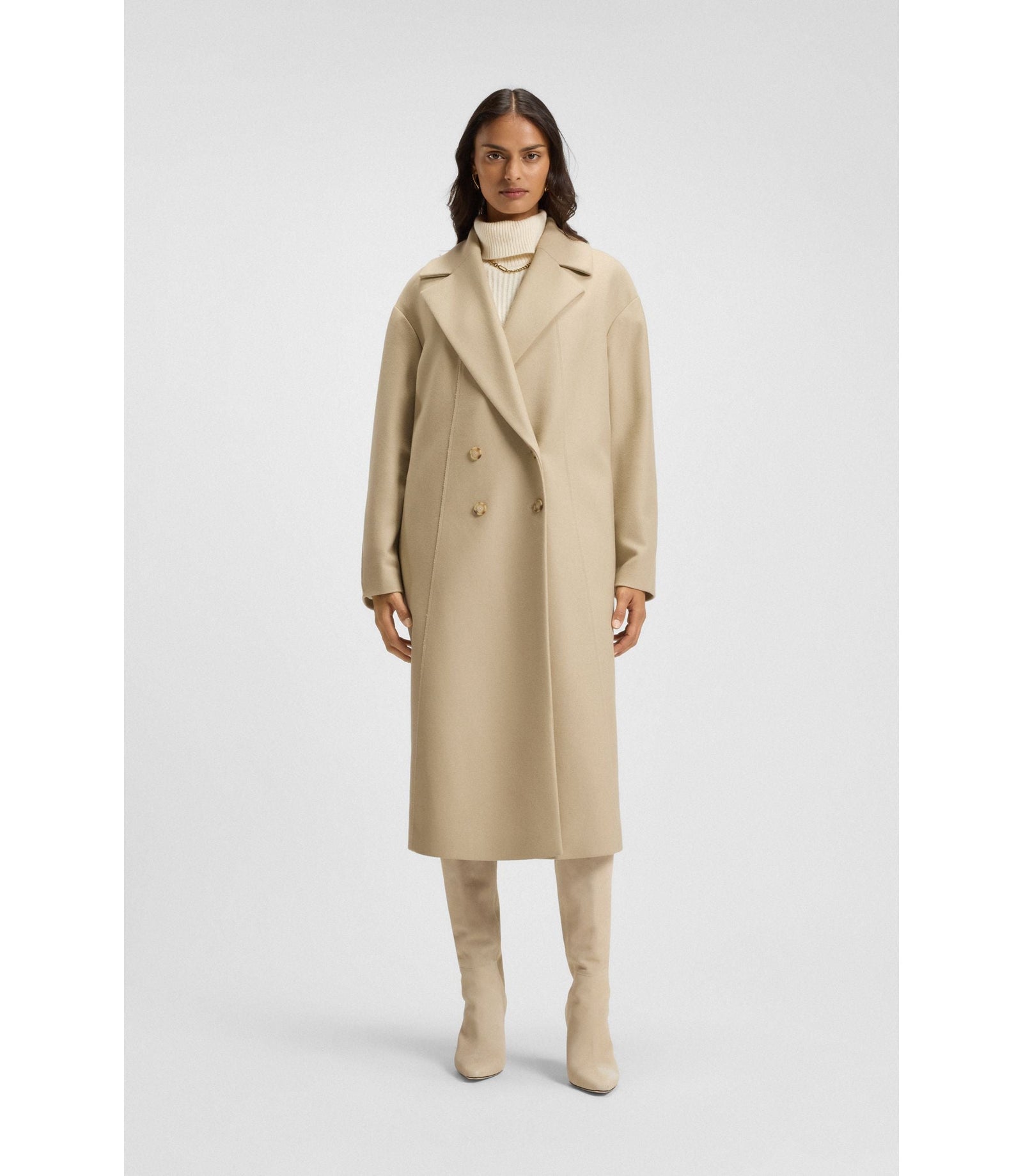 Boss Double Breasted Coat In Virgin Wool And Cashmere Light Beige Women's