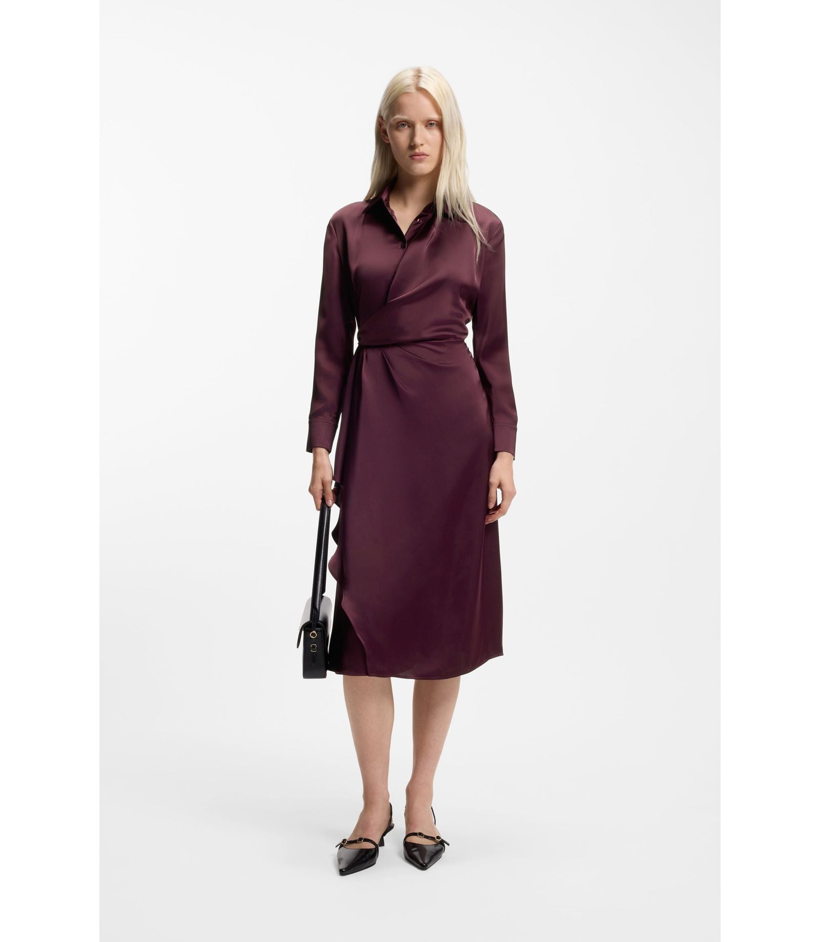Hugo Drape Detail Midi Dress In Satin Dark Purple Women's
