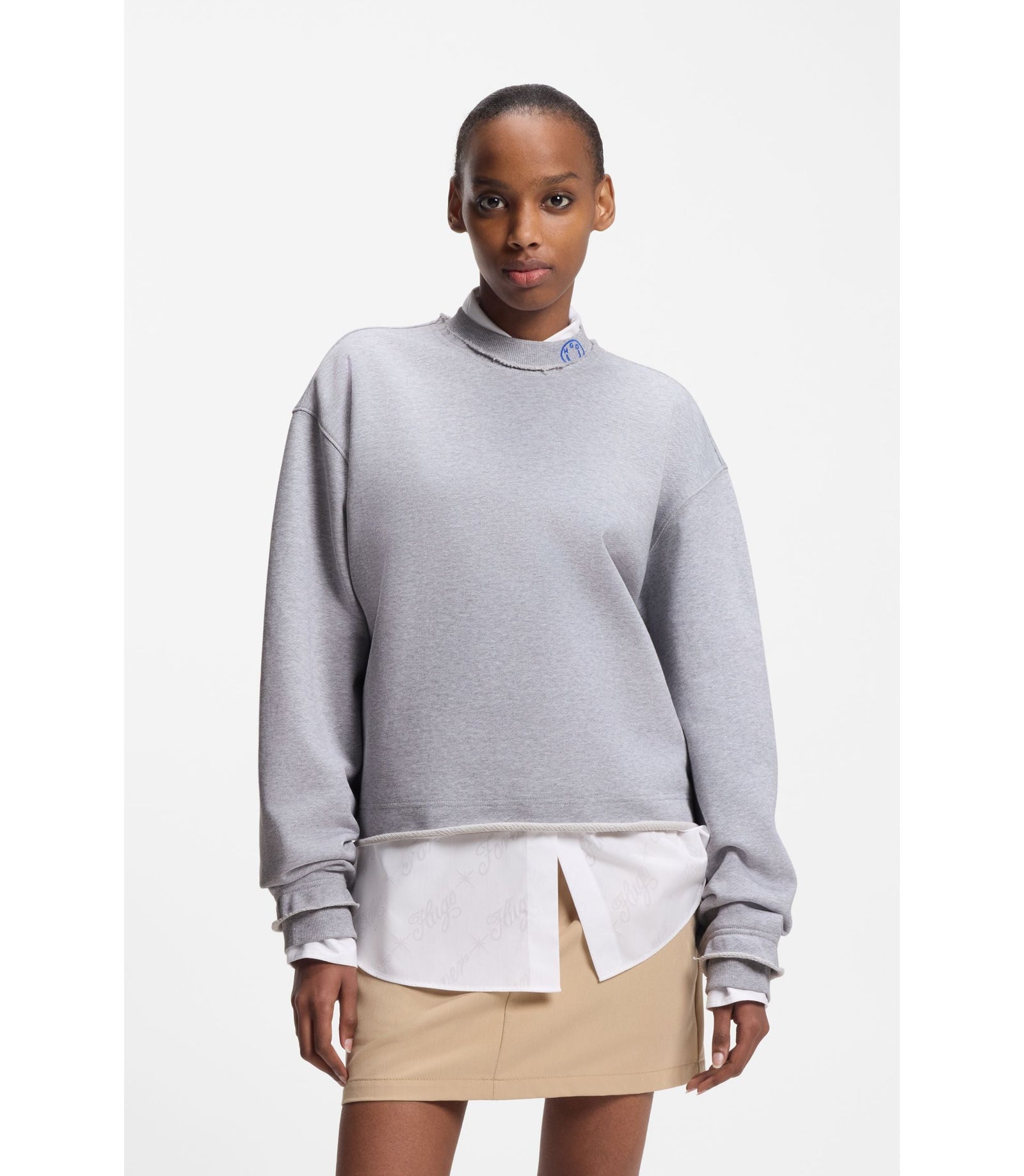 Hugo Logo Collar Sweatshirt In Cotton Terry Light Grey Women's