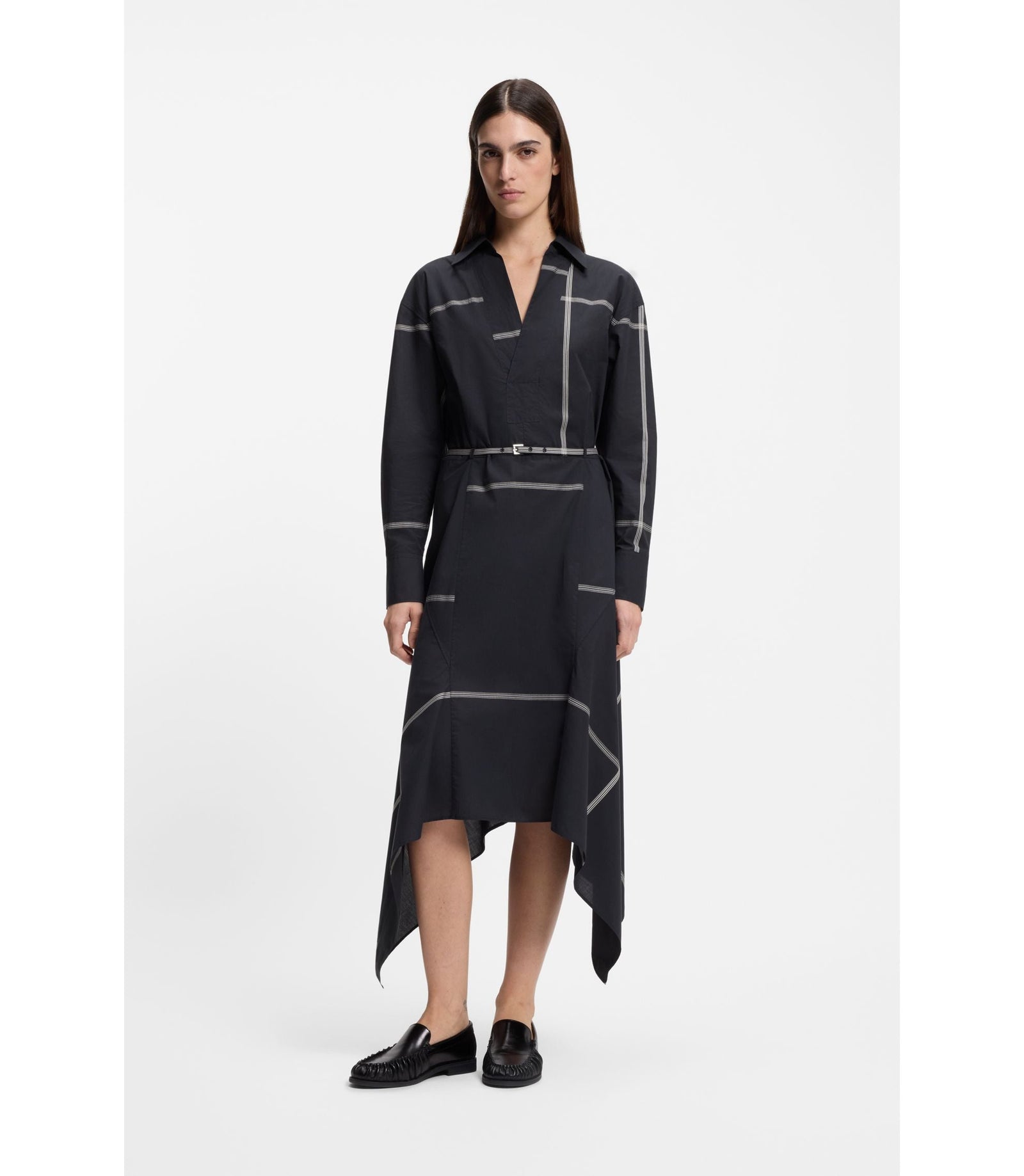 Boss Checked Shirt Dress In Cotton Canvas Dark Blue Women's