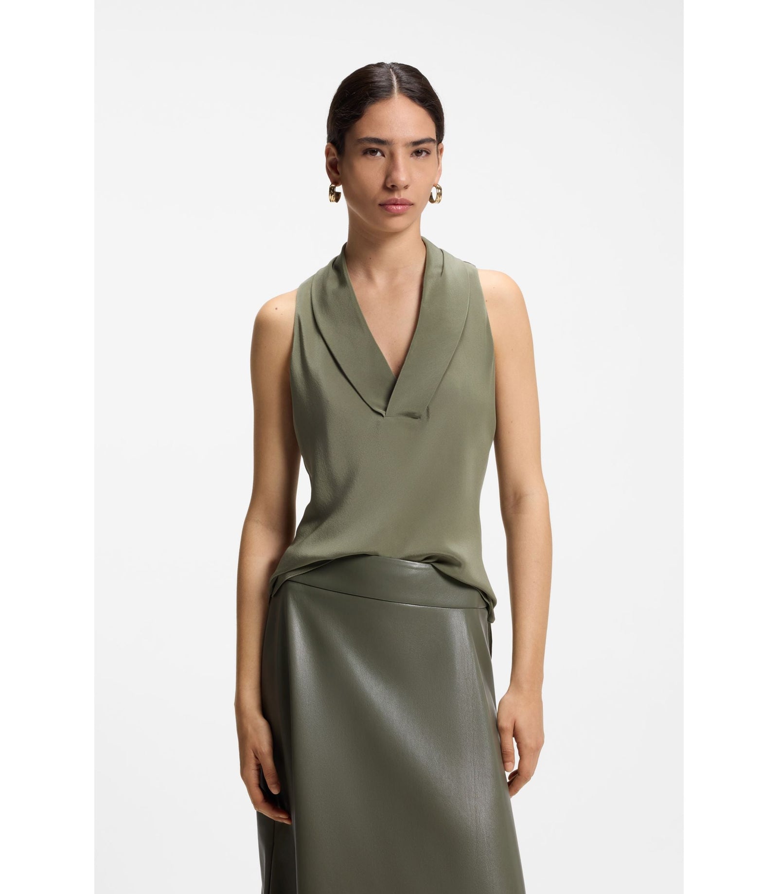 Boss Sleeveless Blouse In Sandwashed Silk With V Neckline Dark Green Women's