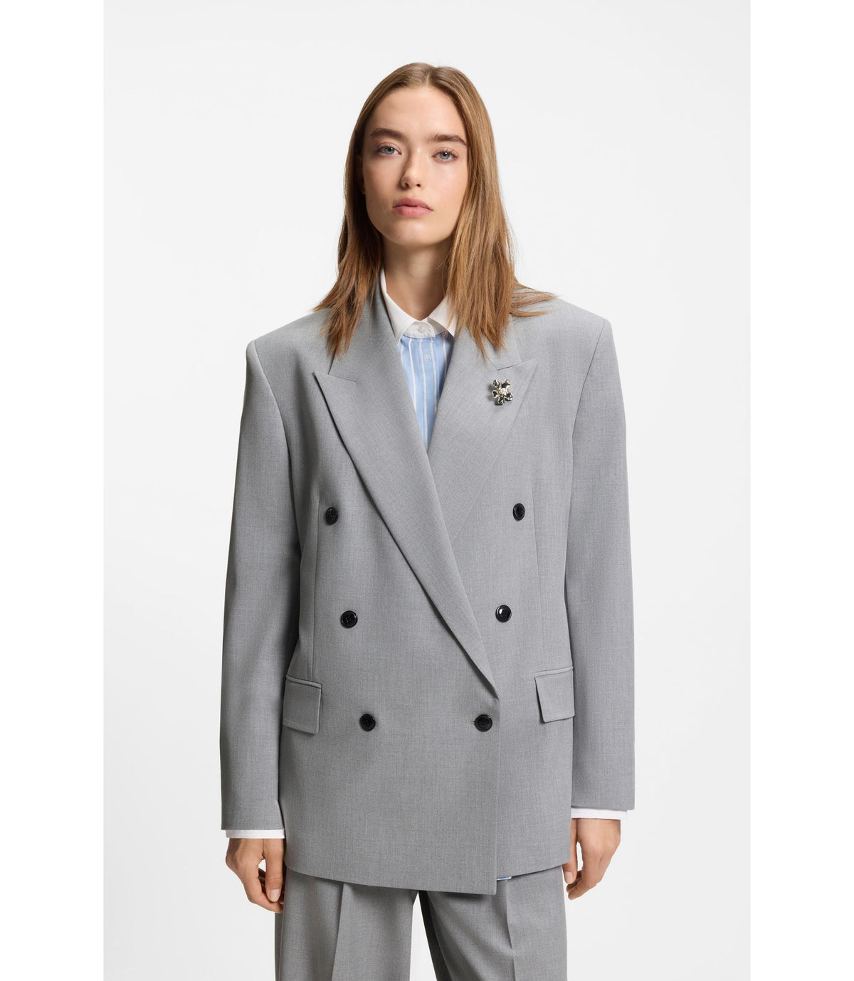 Hugo Relaxed Fit Blazer With Enamel Flower Brooch Light Grey Women's