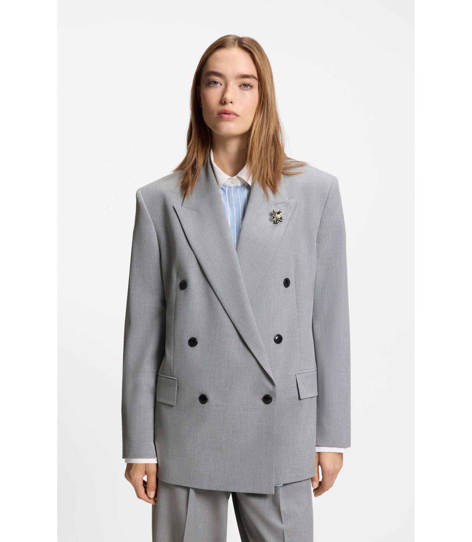 Hugo Relaxed Fit Blazer With Enamel Flower Brooch Light Grey Women's