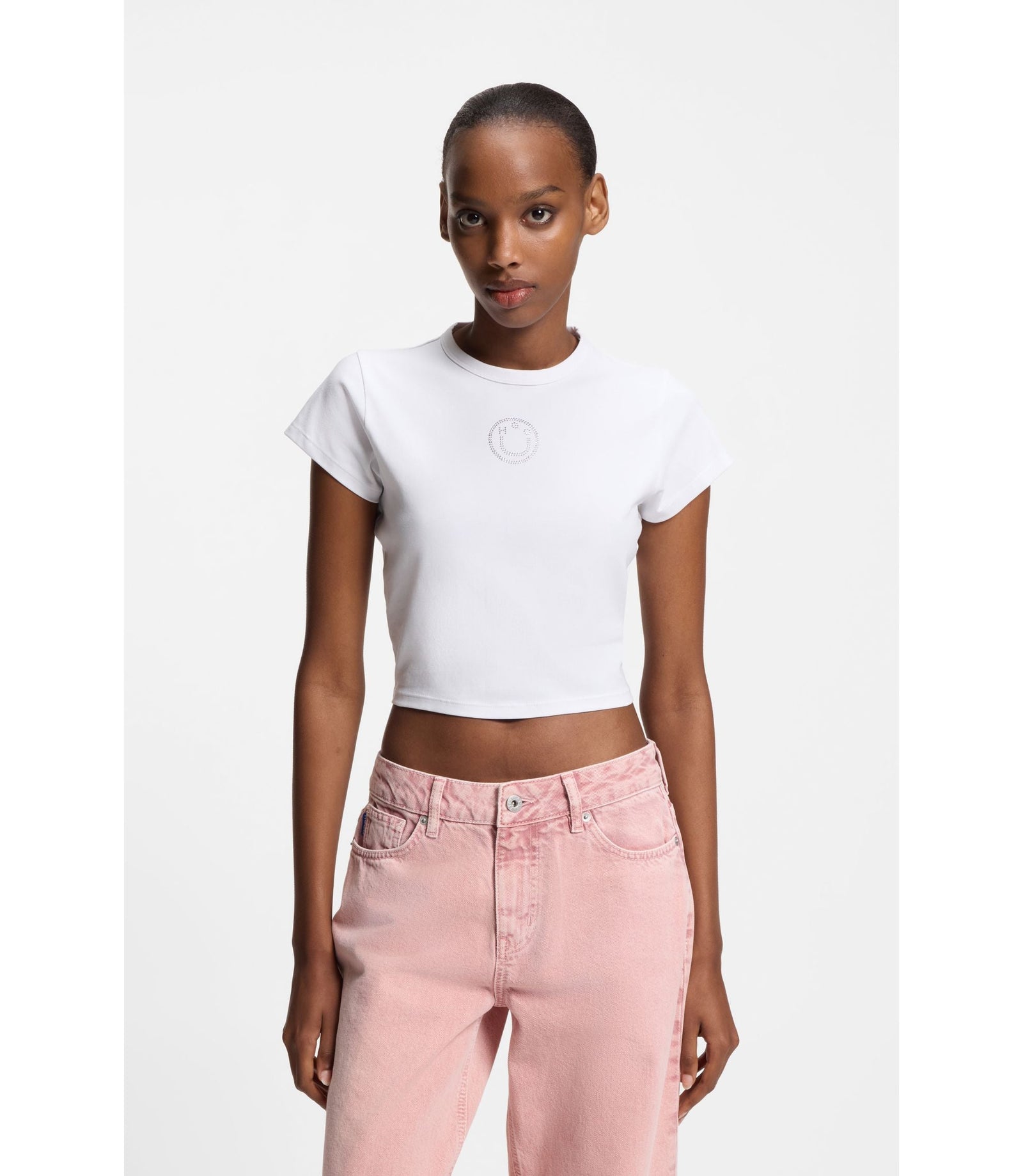 Hugo Stretch Cotton T Shirt With Rhinestone Happy Hugo White Women's