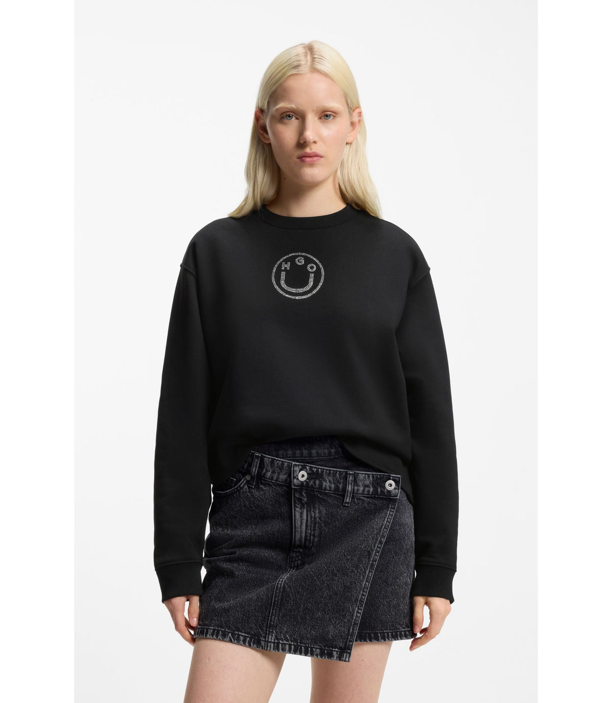 Hugo Cotton Sweatshirt With Rhinestone Happy Hugo Black Women's