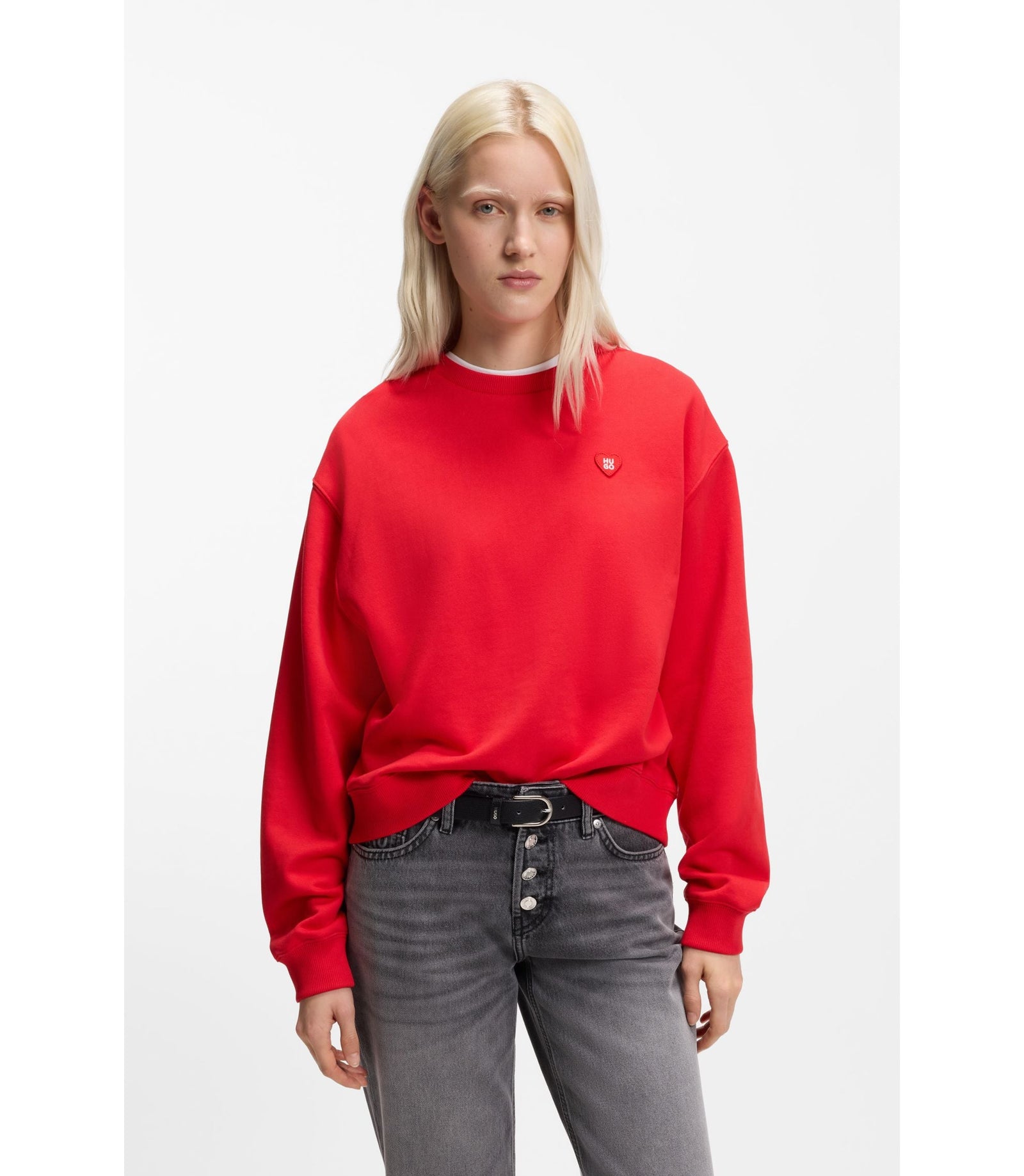 Hugo All Gender Cotton Terry Sweatshirt With Heart Logo Red Women's