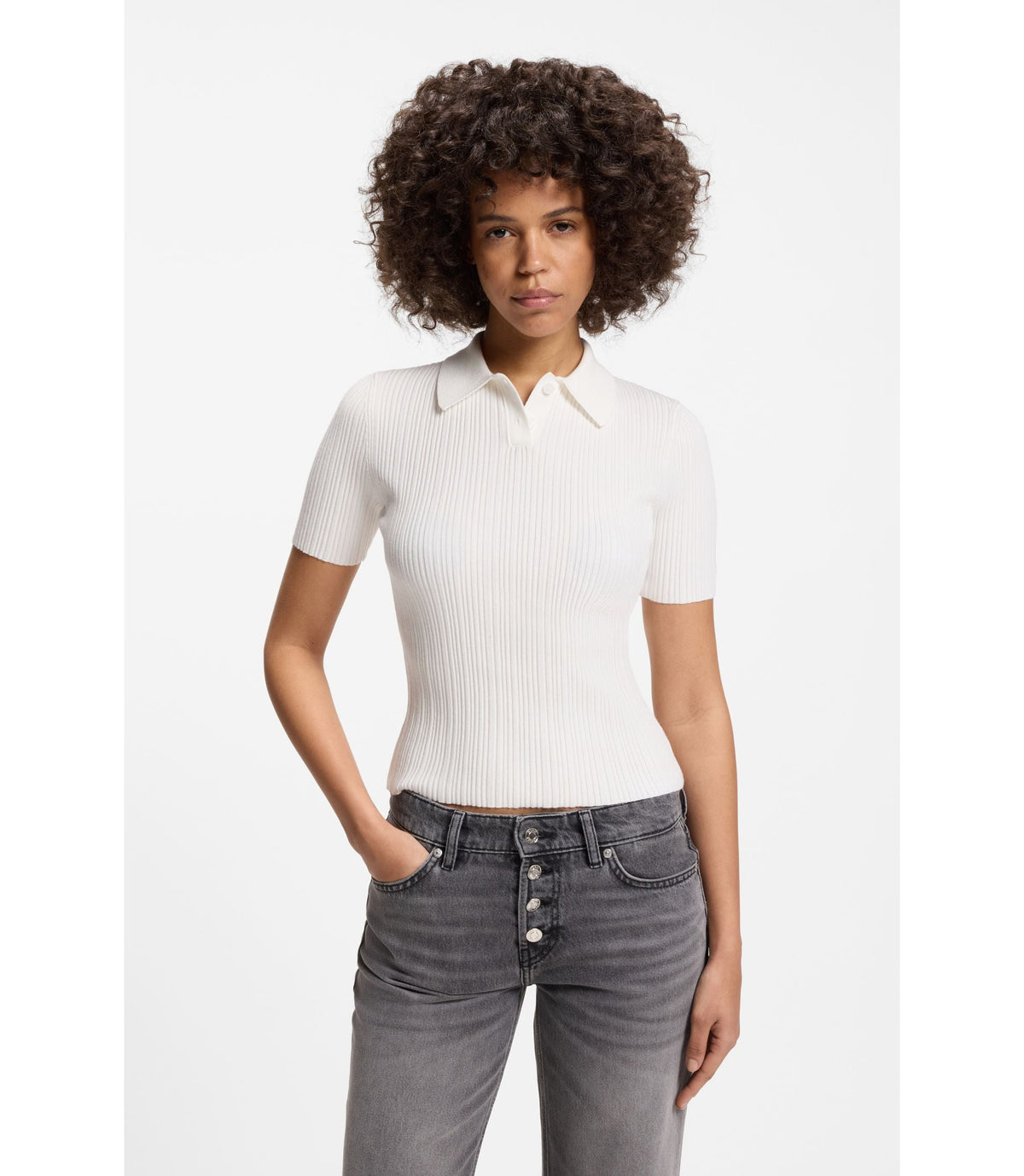 Hugo Slim Fit Ribbed Sweater With Polo Collar White Women's