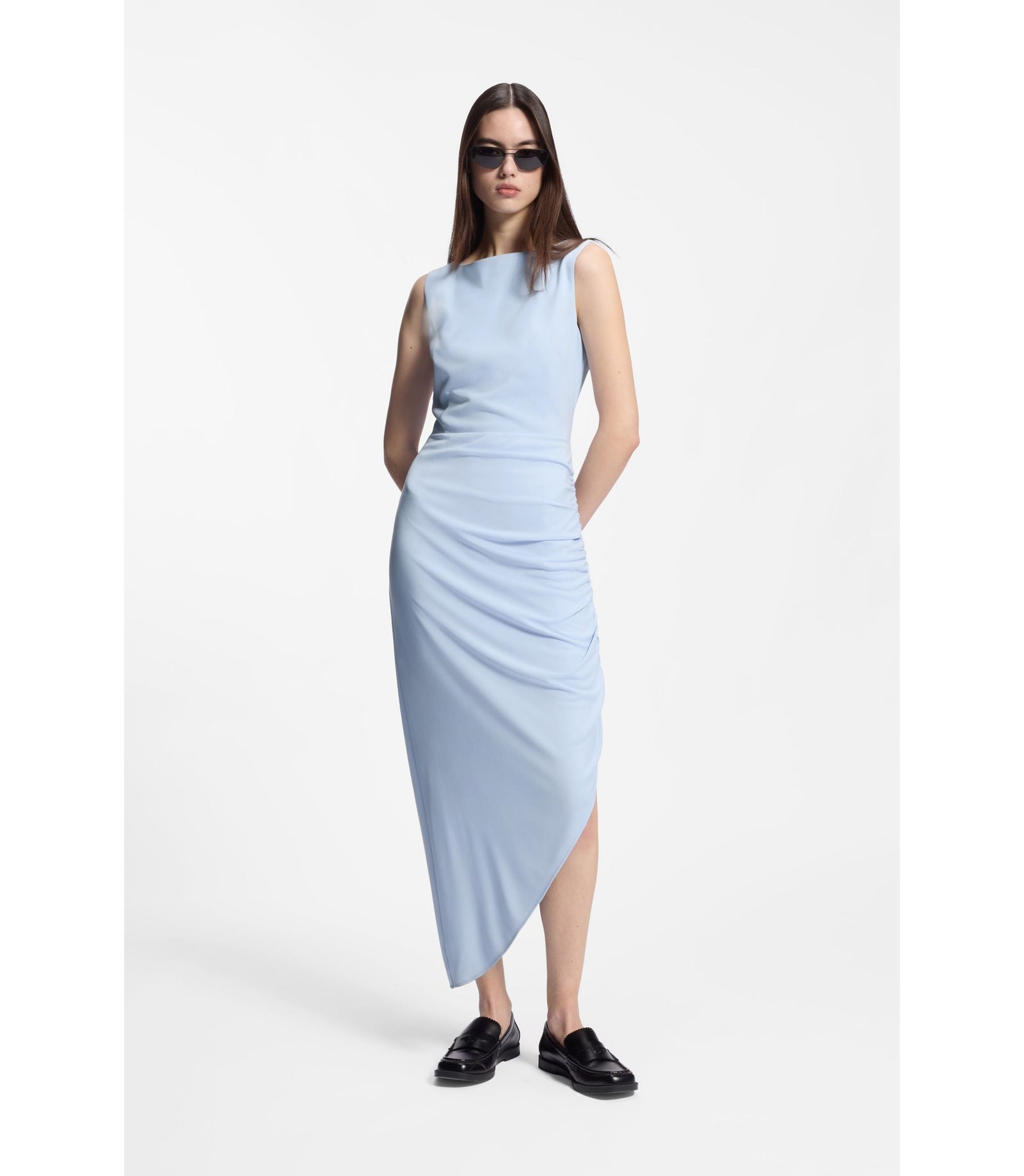 Hugo Crepe Dress With Gathered Asymmetric Hemline Light Blue Women's