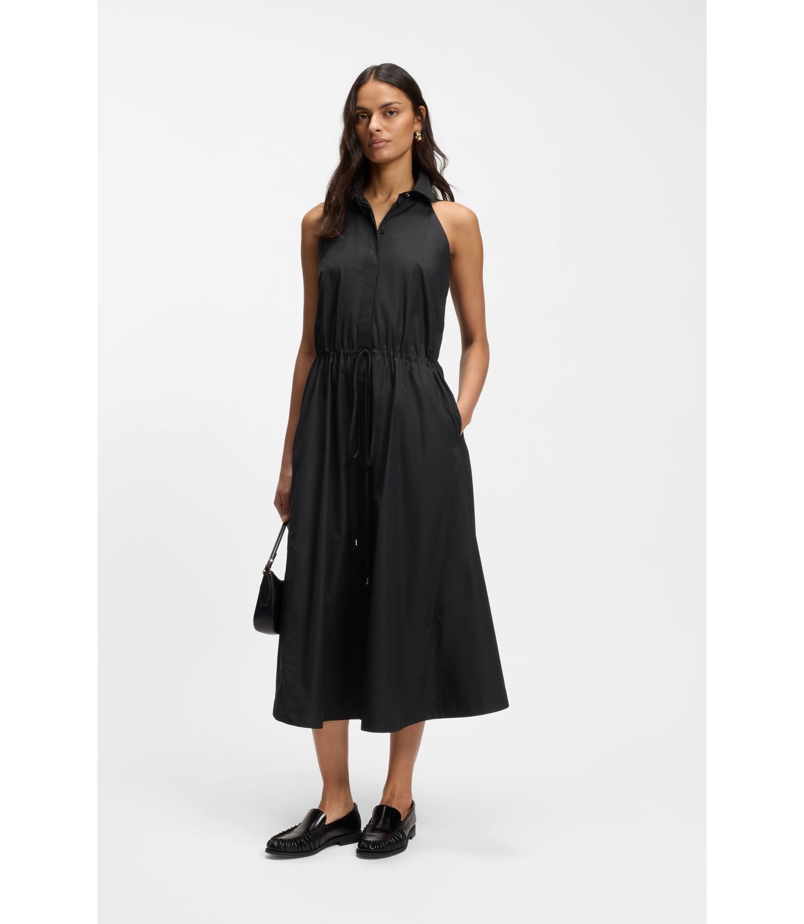 Boss Drawcord Waist Dress In Cotton Poplin Black Women's