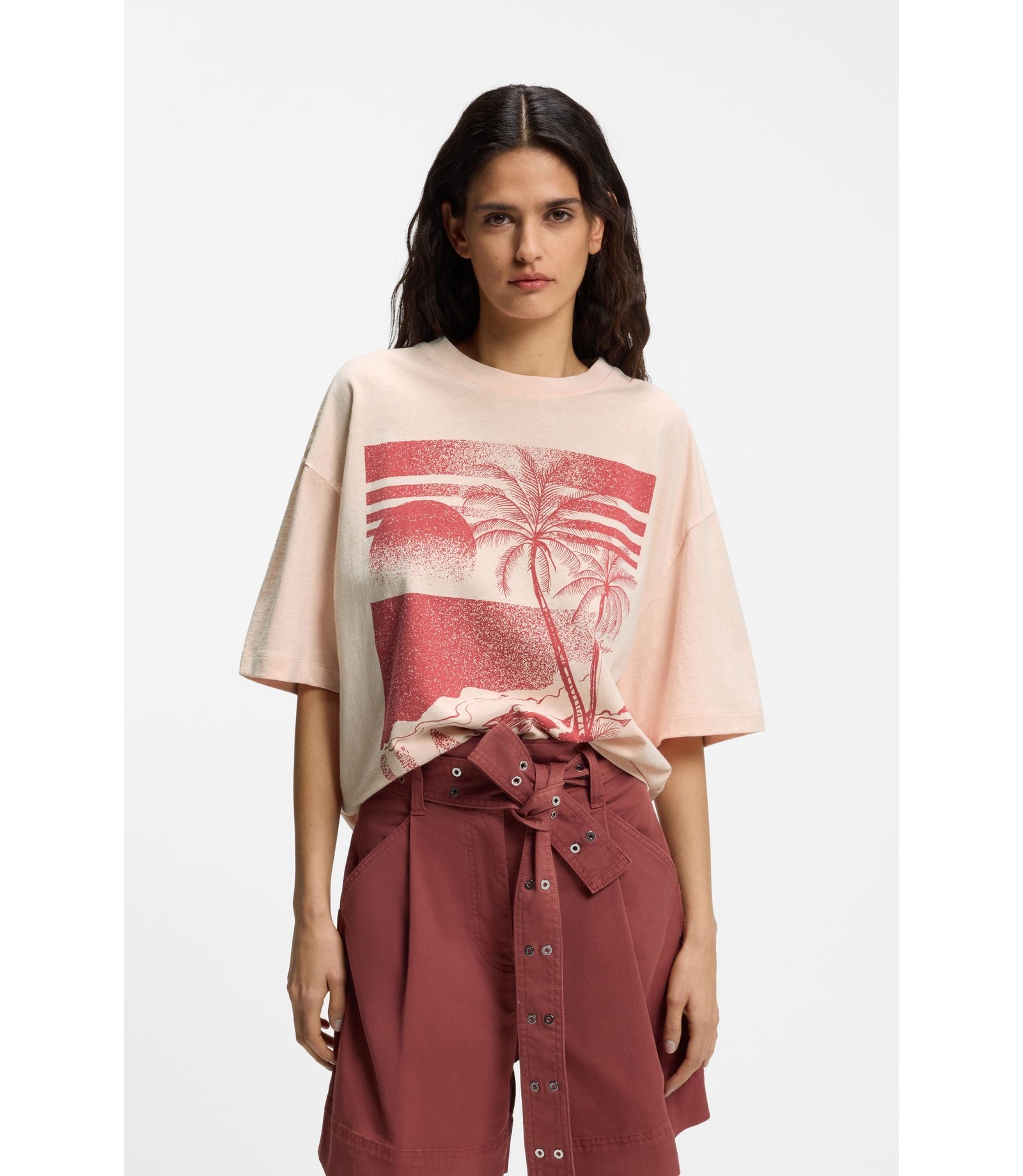 Boss Cotton Jersey T Shirt With Printed Artwork Light Pink Women's