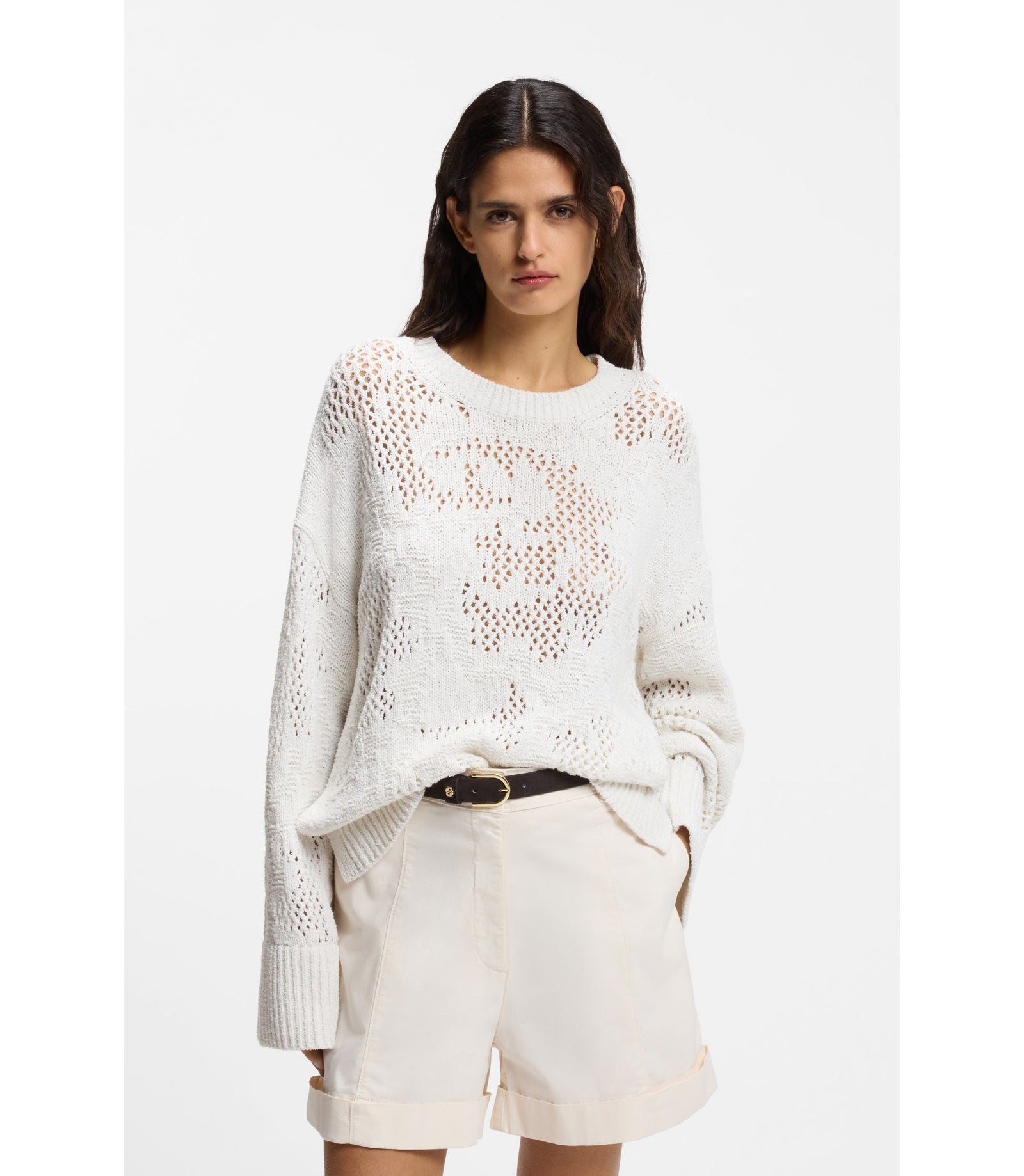 Boss Knitted Pattern Sweater In A Cotton Blend White Women's