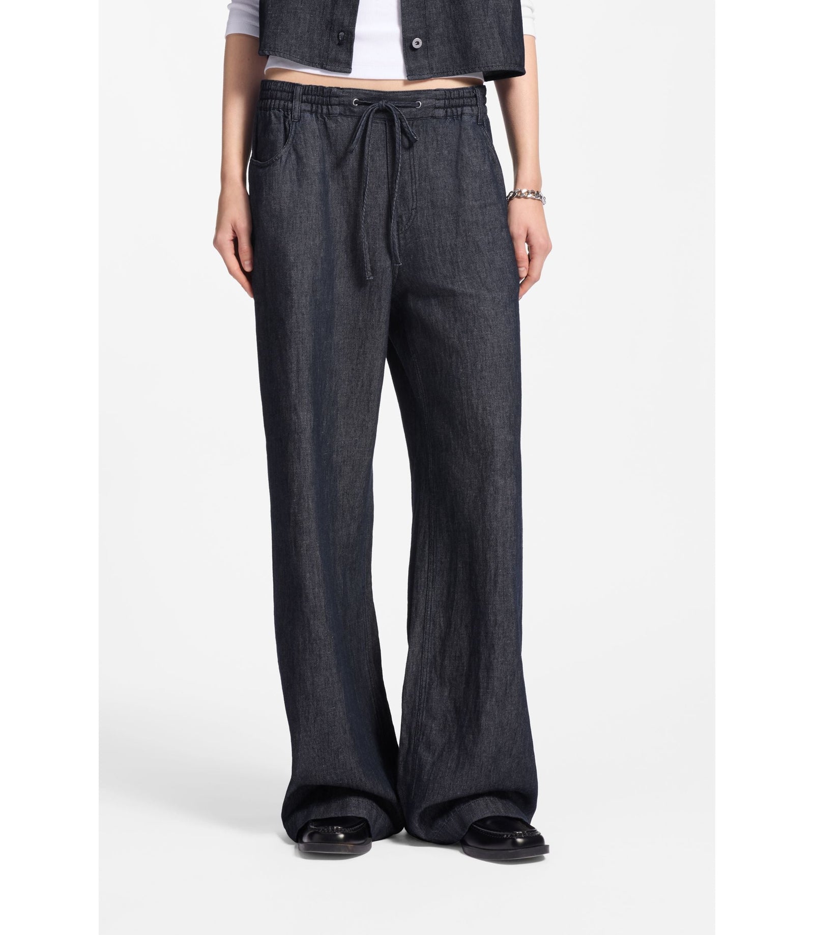 Hugo Regular Fit Trousers In Lightweight Denim With Drawstring Waist Dark Blue Women's