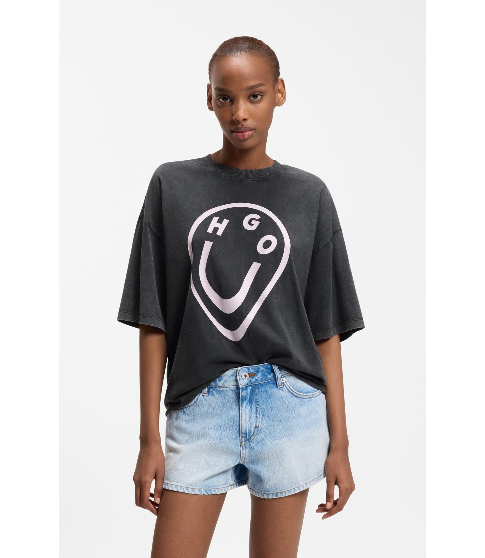 Hugo Cotton Jersey T Shirt With Melted Effect Happy Hugo Print Black Women's