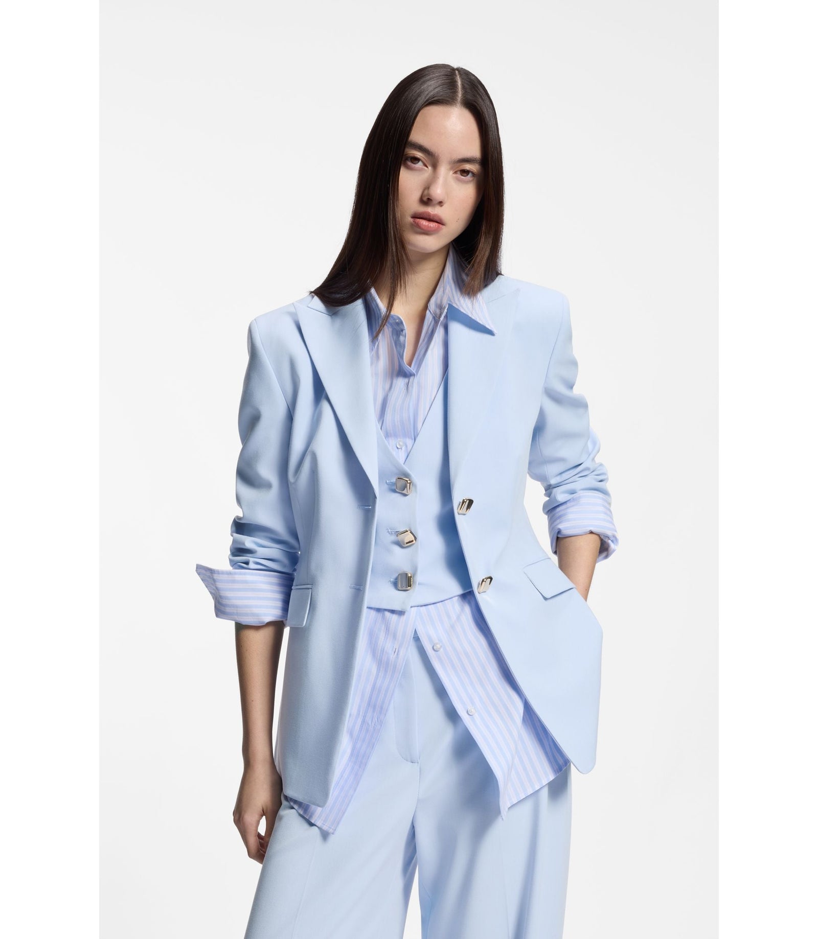 Hugo Regular Fit Blazer With Gold Tone Buttons Light Blue Women's