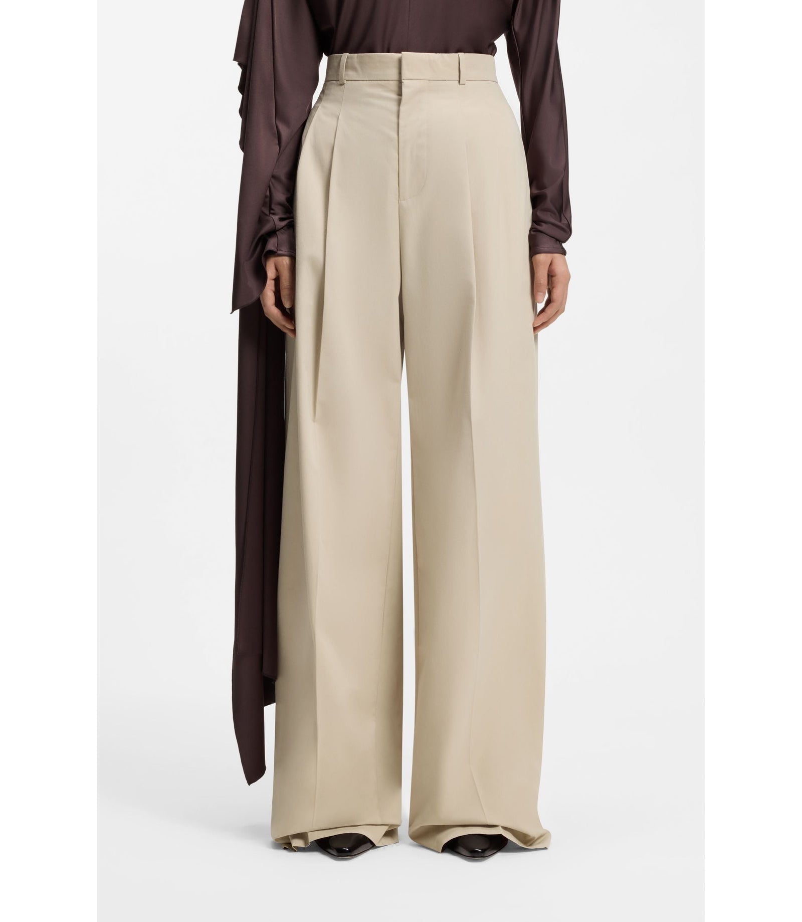 Boss Wide Leg Trousers In Cotton With Stretch Light Beige Women's