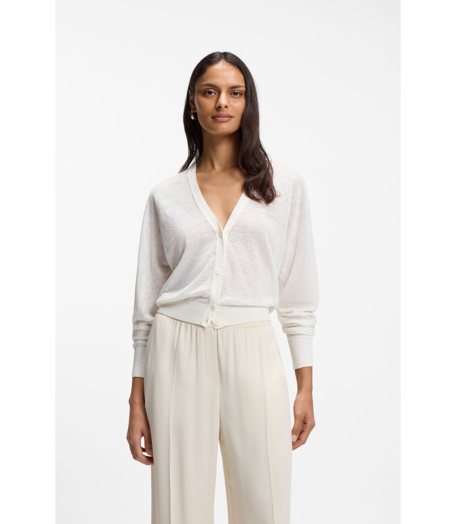 Boss Linen Cotton Cardigan With Buttoned Front White Women's