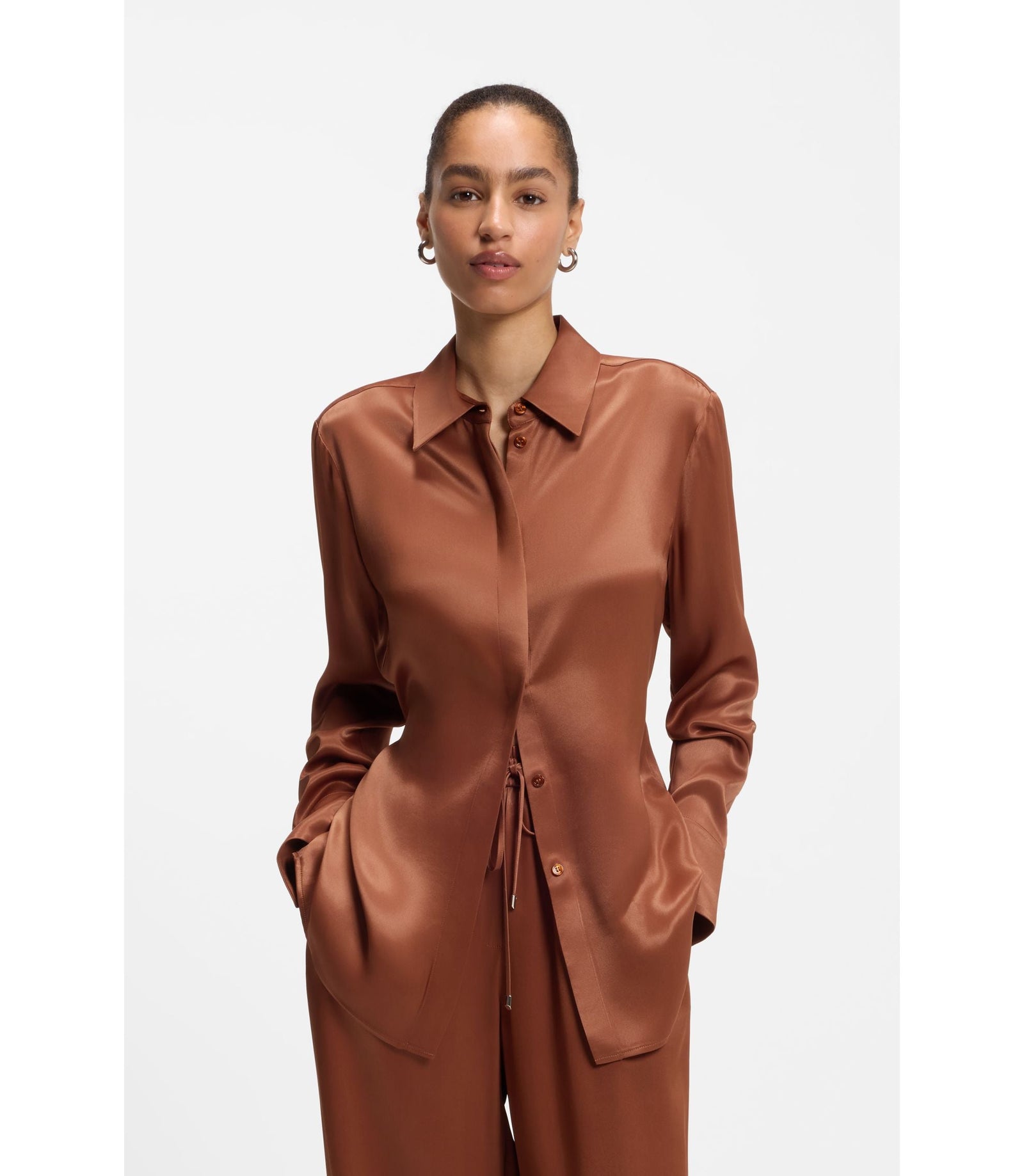 Boss Regular Fit Blouse In Soft Lustrous Fabric Brown Women's