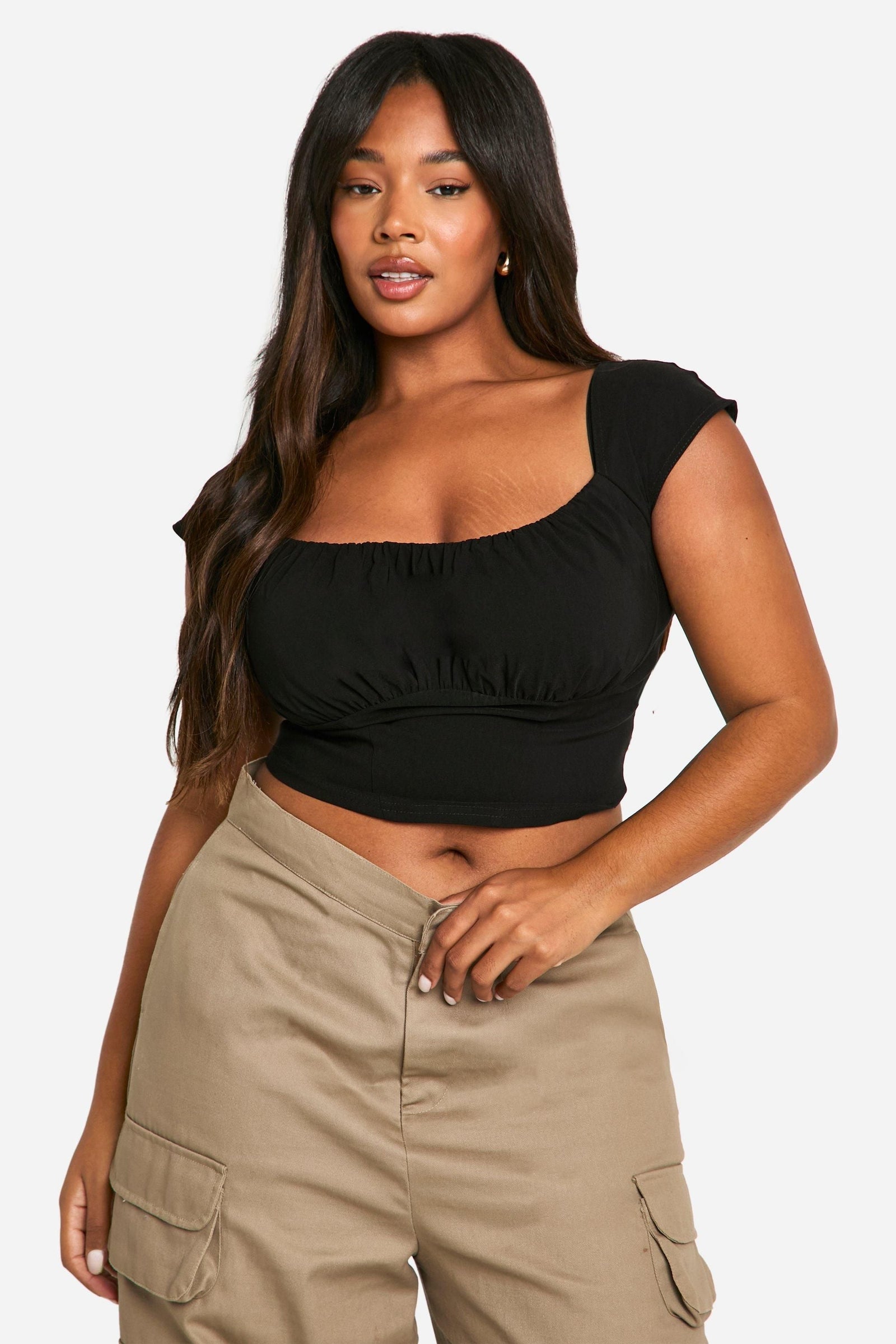 Plus Woven Stretch Ruched Cap Sleeve Corset Top