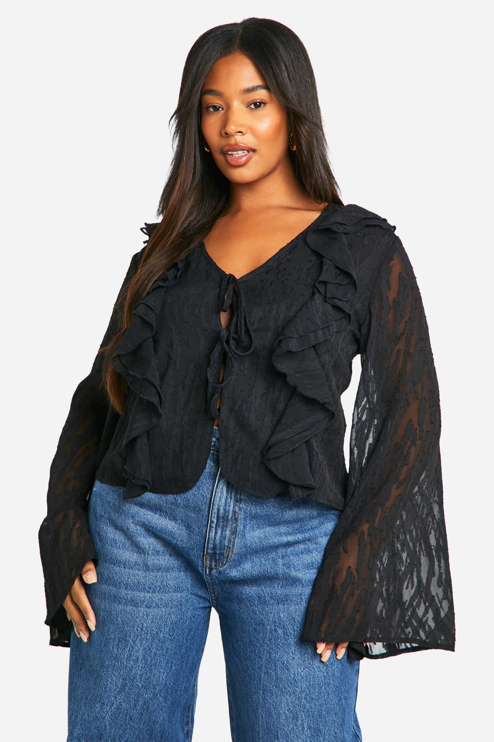 Plus Burnout Animal Tie Front Ruffle Blouse