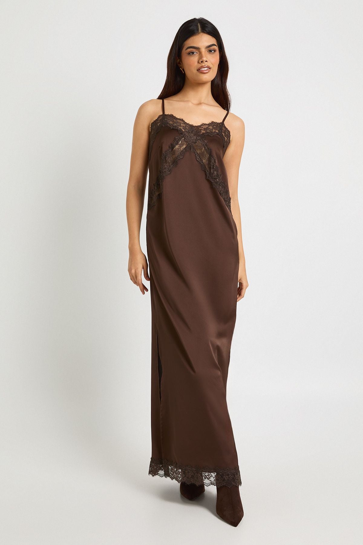 Satin Lace Mix Column Maxi Dress