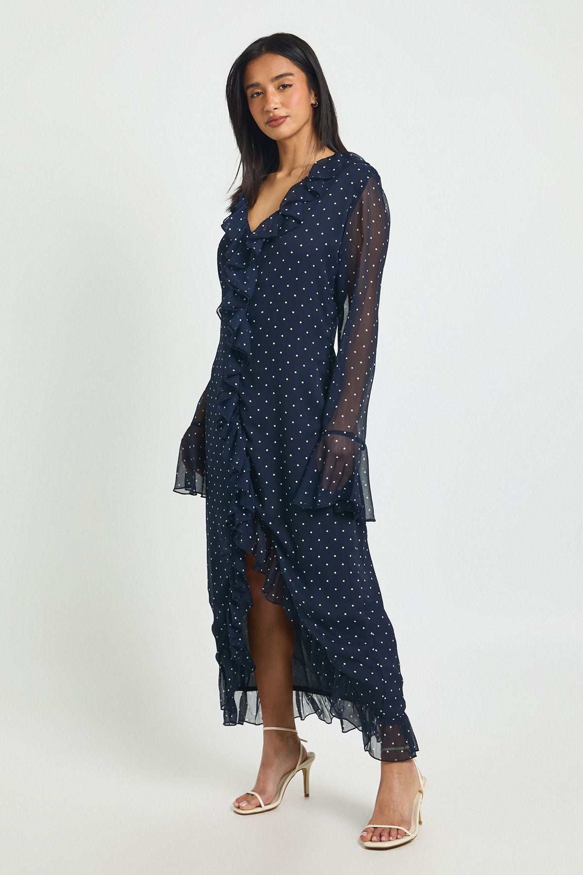 Petite Chiffon Polka Dot Ruffle Detail Midi Dress