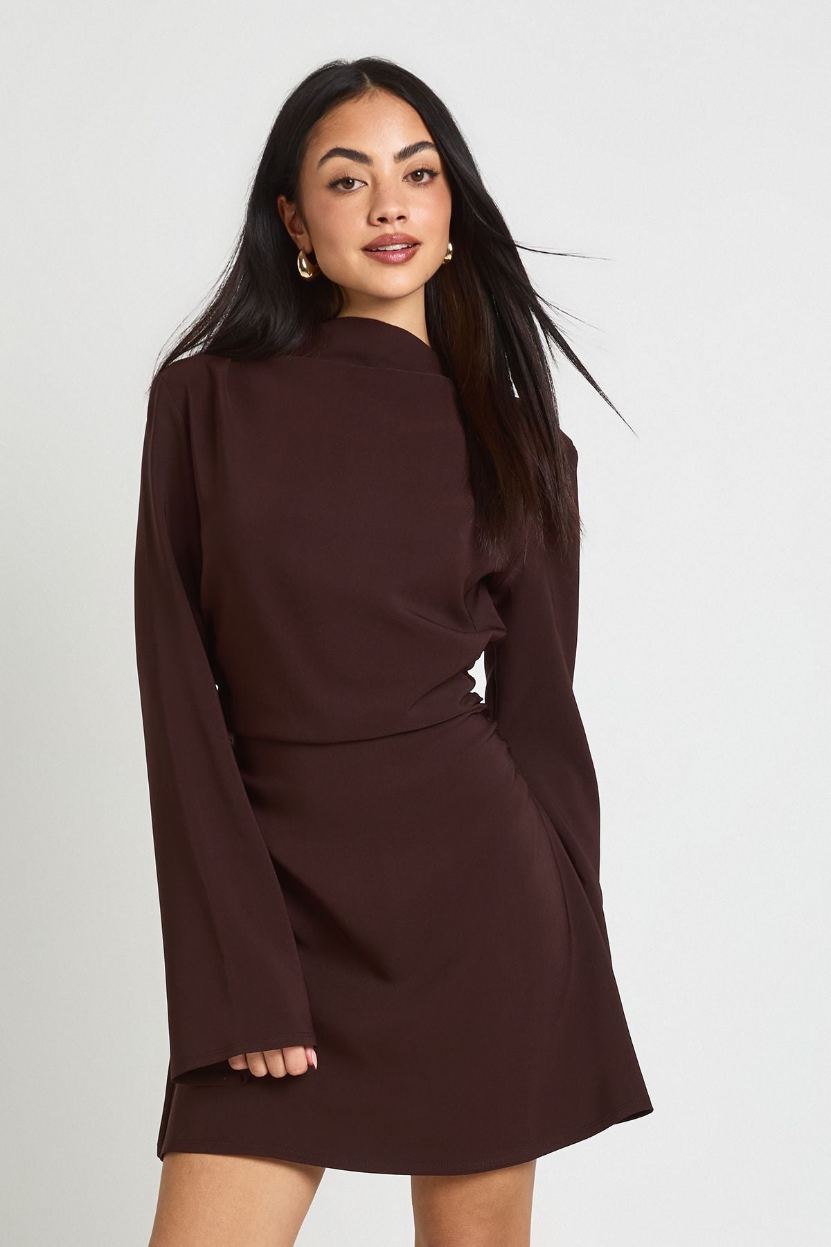 Long Sleeve Ruched High Neck Shift Dress