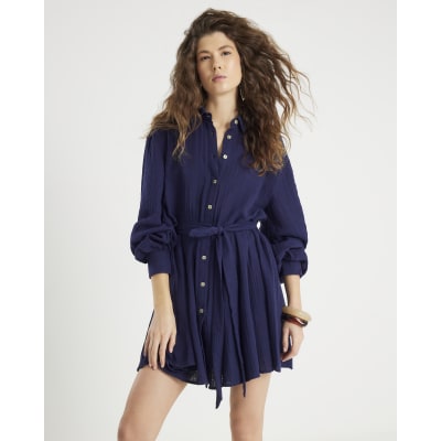 Navy Mini Belted Shirt Dress