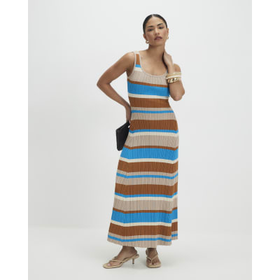 Petite Brown Knitted Striped Maxi Dress