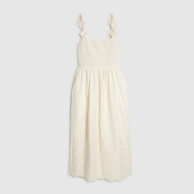 Petite Cream Poplin Broderie Hem Midi Dress