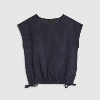 Petite Navy Pinstripe Tie Side Balloon Top