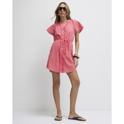 Pink V Neck Short Sleeve Frill Mini Dress