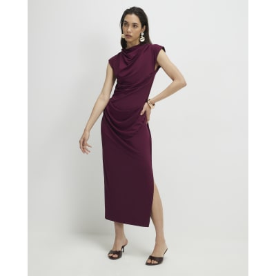 Red Sleeveless Ruched Midi Dress