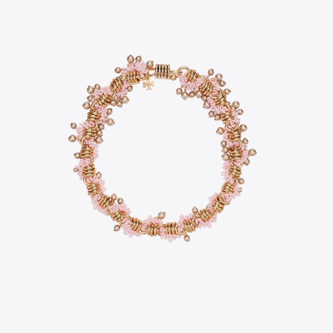 Tory Burch Runway Beaded Necklace Light Brass / Pink