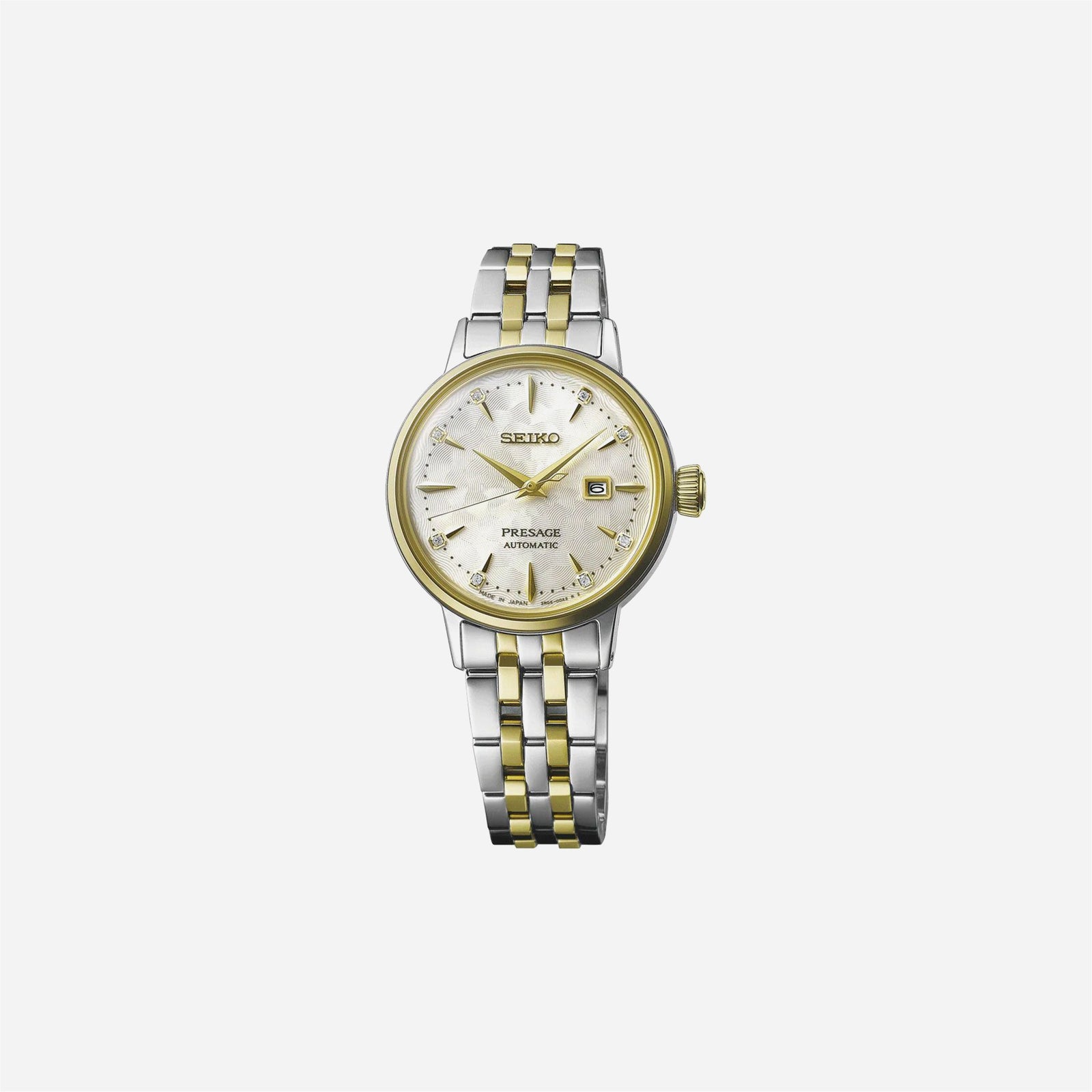 Seiko Presage Cocktail Time White Lady Diamond Twist White Dial Stainless Steel Watch Yellow Gold PVD WMNS - SRE010J1