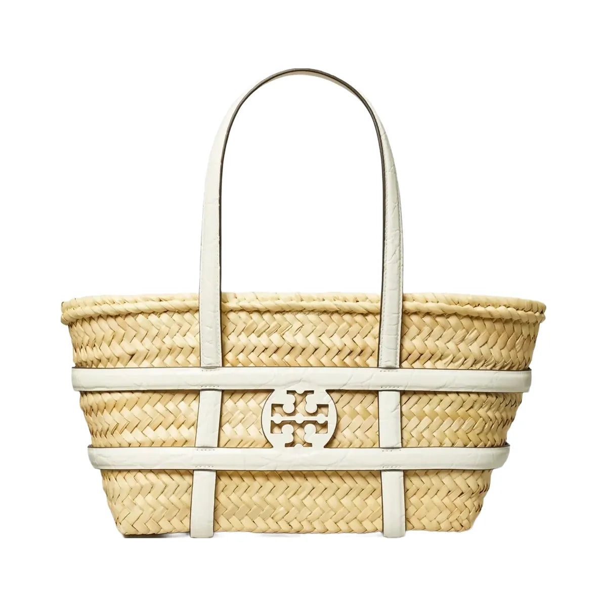 Tory Burch Small Ella Croc-Embossed Straw Basket Blanc