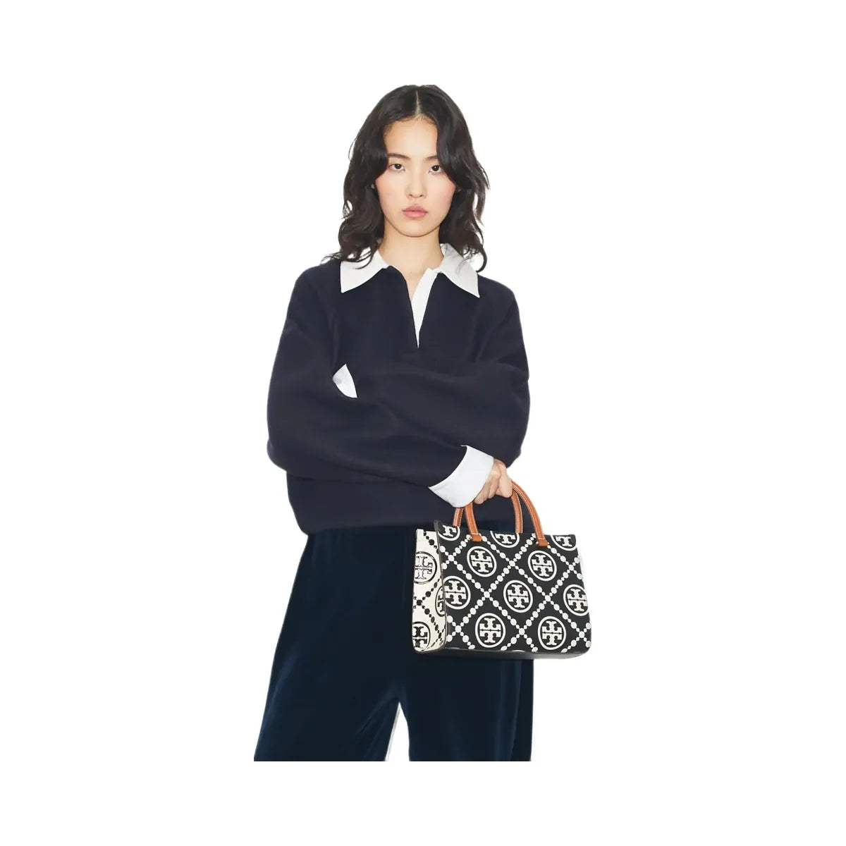 Tory Burch T Monogram Contrast Embossed Top-Handle Tote Black/White